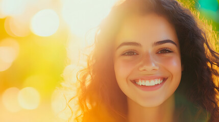 Fototapeta premium joyful woman with curly hair smiles brightly against warm, vibrant background, radiating happiness and positivity. sunlight enhances her cheerful expression, creating lively atmosphere