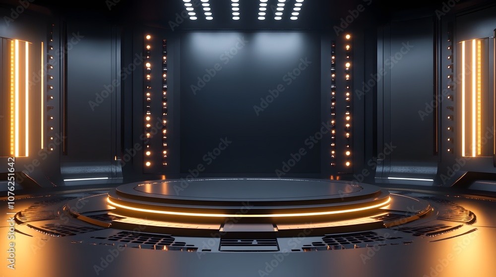 Aufkleber 97. a futuristic 3d stage with glowing geometric elements and rotating patterns, leaving a clear are