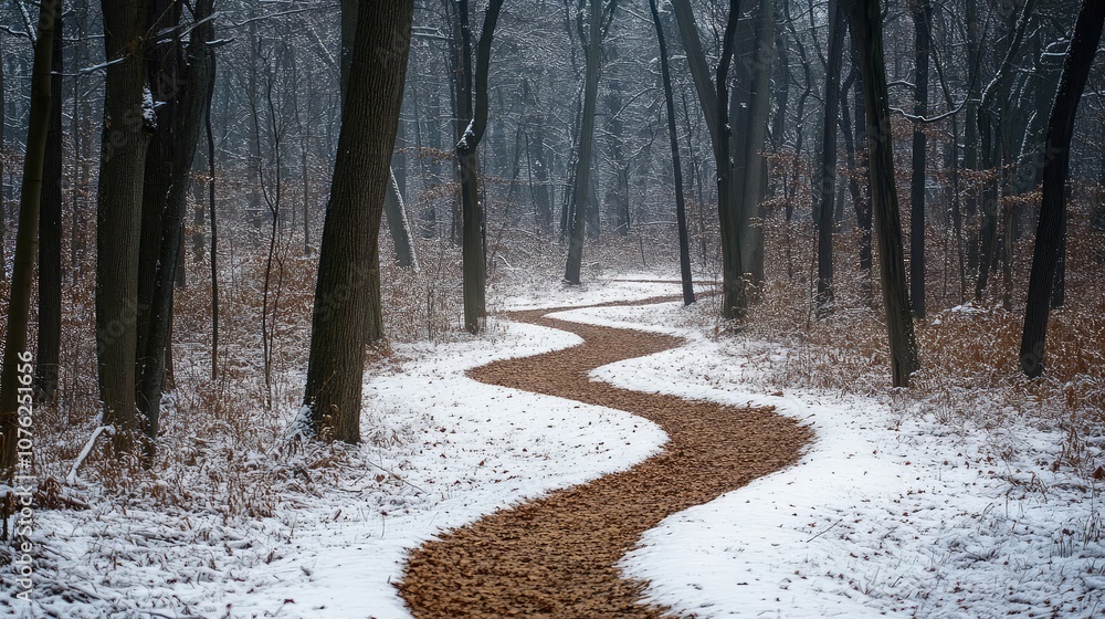 Poster a winding path through a snow-covered forest, the light filtering through the trees creates a serene