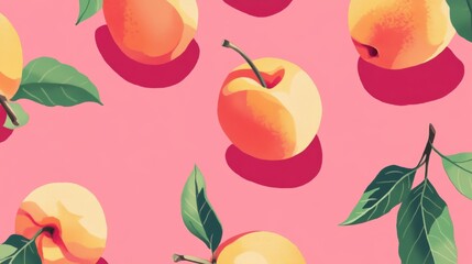 A pink background with fresh peaches and green leaves. The peaches are ripe and juicy, ready to be eaten. This image is perfect for promoting healthy eating and the summer harvest.