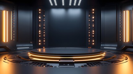 97. A futuristic 3D stage with glowing geometric elements and rotating patterns, leaving a clear area for a product.