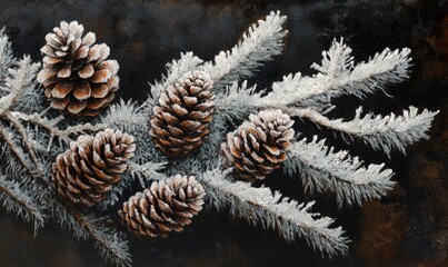 A painting of pine cones with snow on them