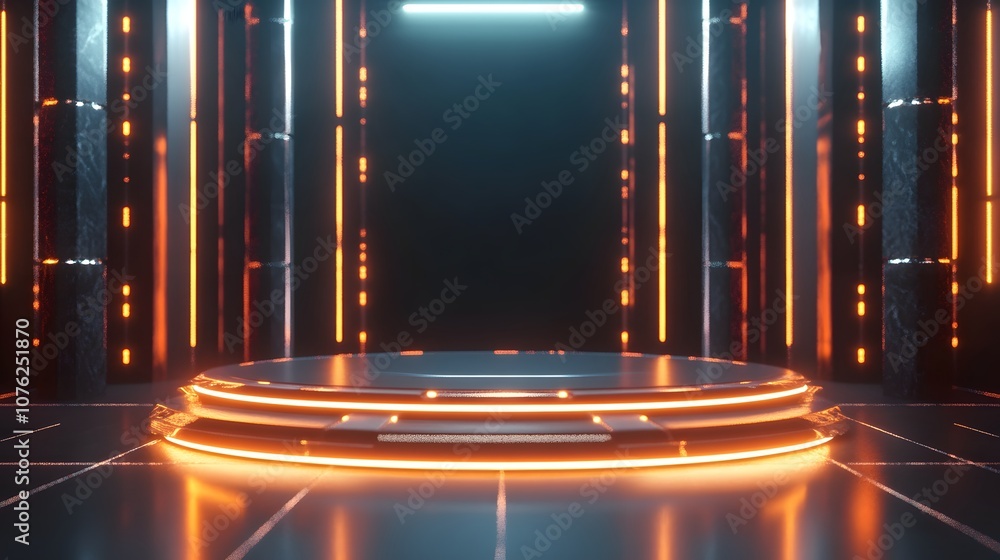 Poster 97. a futuristic 3d stage with glowing geometric elements and rotating patterns, leaving a clear are