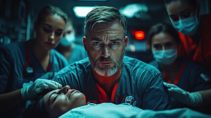 Obraz premium A team of paramedics work diligently to save a patient's life in the back of an ambulance.