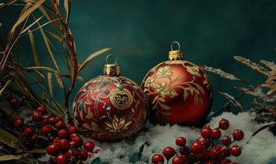 Two red and gold ornaments with flowers on them are sitting on a snowy ground