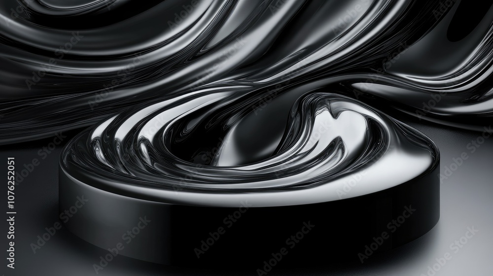 Poster glossy black liquid flowing over curved surface with swirls creating an abstract art background for 