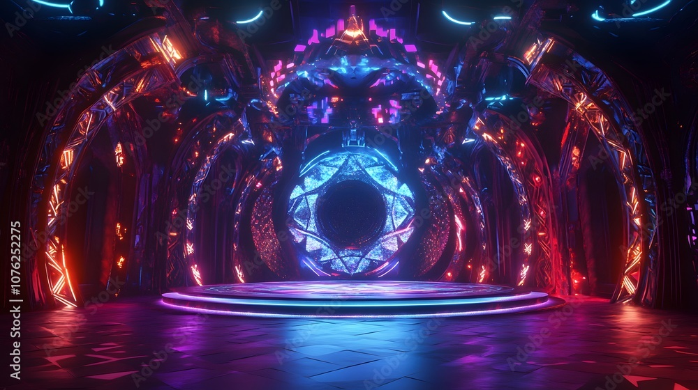 Poster 97. a futuristic 3d stage with glowing geometric elements and rotating patterns, leaving a clear are