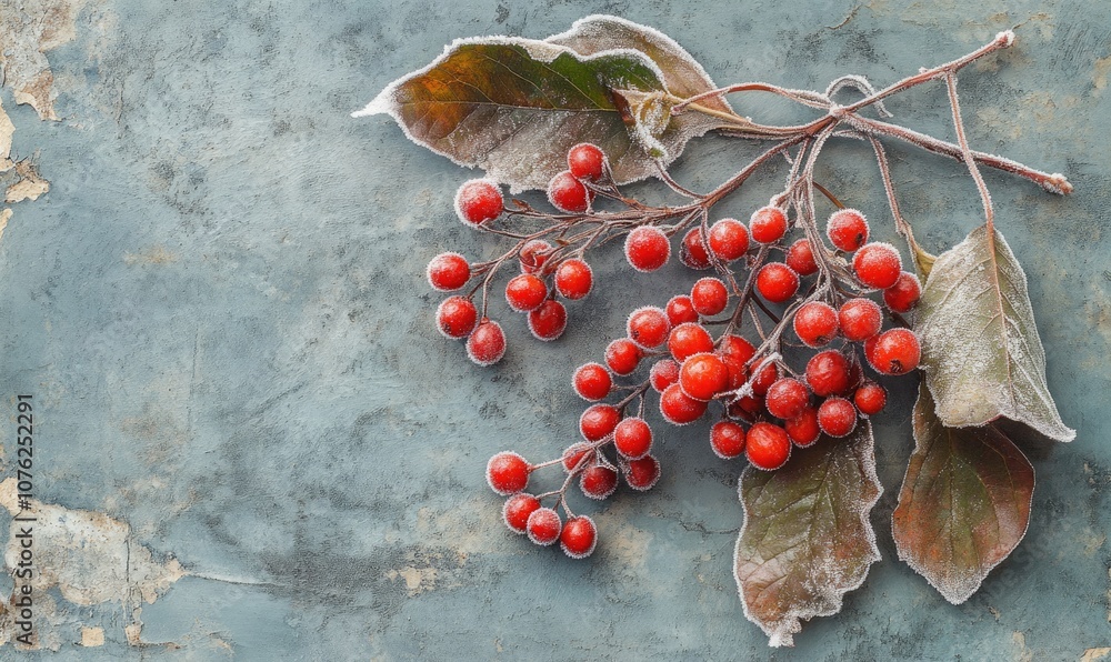 Poster a close up of a branch of red berries with frost on them