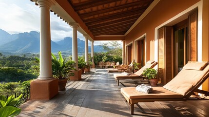 A serene patio with wooden lounge chairs overlooking a breathtaking mountain range.