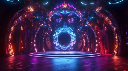 97. A futuristic 3D stage with glowing geometric elements and rotating patterns, leaving a clear area for a product.