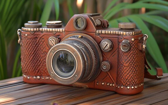 A vintage camera with a leather exterior, placed on a wooden surface surrounded by greenery. - Powered by Adobe