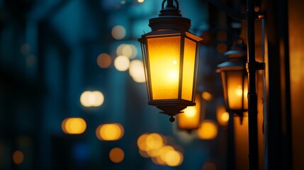 A close-up of lanterns lighting up a city street at night, showcasing the warm glow of urban street...