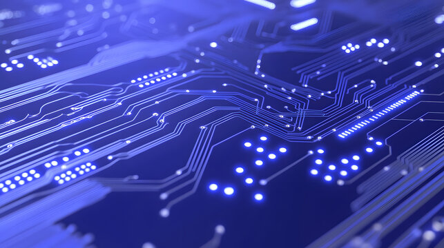 3D representation of circuit board with glowing connections and blue tones, showcasing intricate details and technology. image evokes sense of innovation and modernity