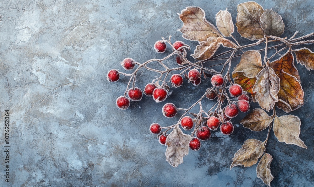 Poster a branch of red berries with frost on them