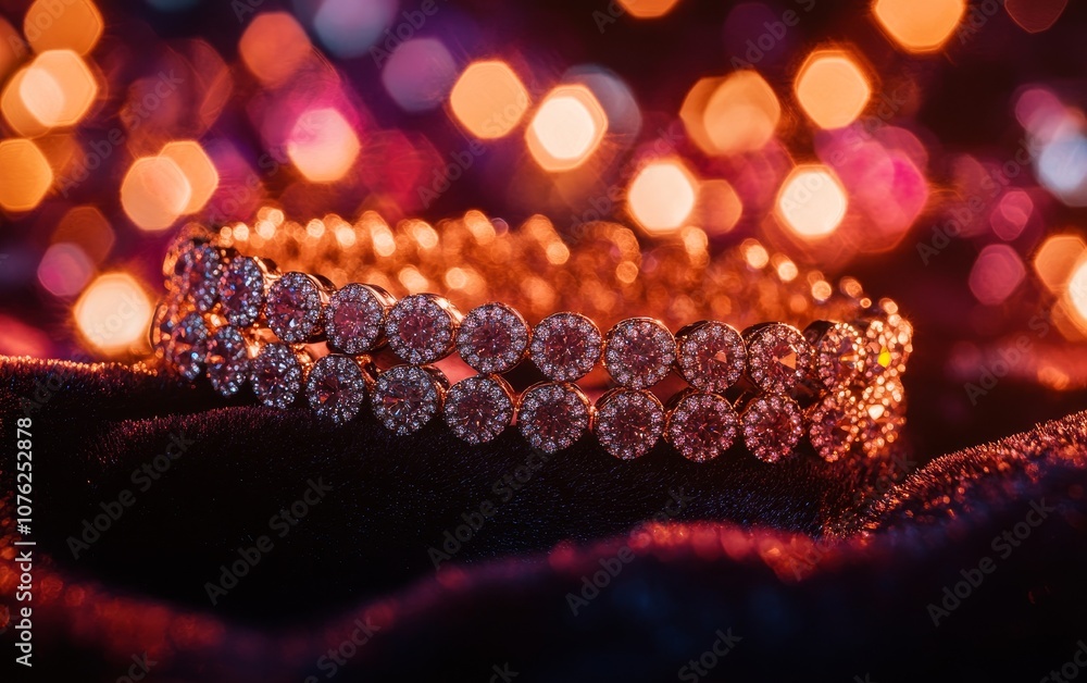 Poster a sparkling bracelet adorned with diamond, set against a backdrop of colorful bokeh lights.