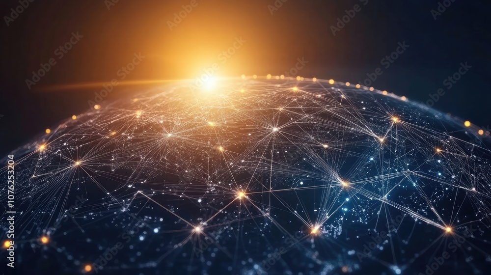 Poster abstract image of a glowing globe with lines connecting it, representing global connectivity and com