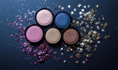 A set of four eyeshadows: ivory, soft pink, deep berry, and rich bronze, with a touch of silver stars scattered around the palette