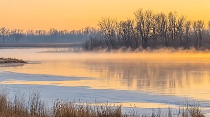 Fototapeta premium A Misty Sunrise Over a Frozen Lake with Bare Trees