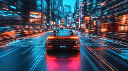 Futuristic Cityscape with a Self-Driving Car