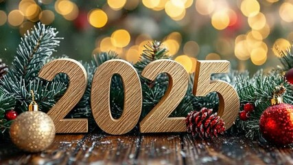 Wooden numbers 2025 are placed on a snow-covered wooden table with christmas tree branches, baubles, and pine cones, creating a warm, festive atmosphere. Merry Christmas and New Year! 
