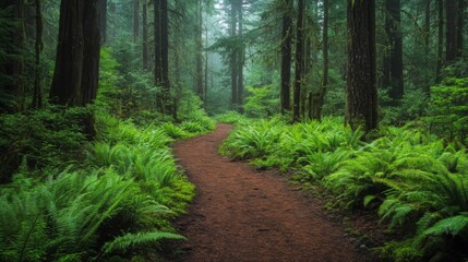 Obraz premium Winding Path Through a Misty Evergreen Forest