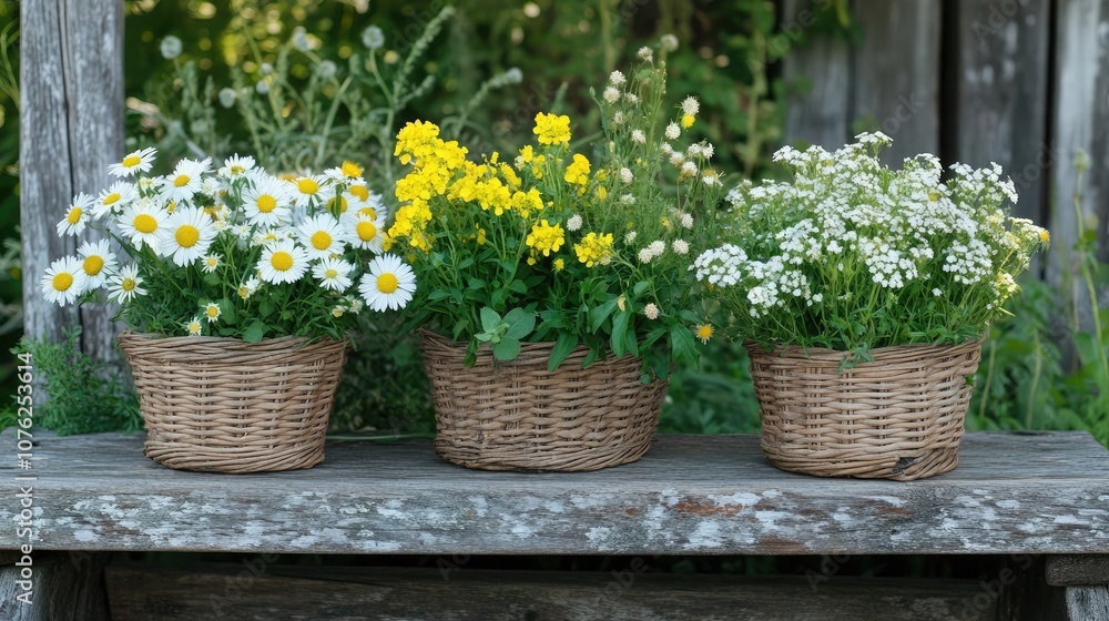 Poster three wicker baskets filled with blooming flowers, creating a colorful and cheerful display on a rus