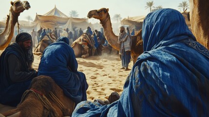 A close-up of Tuareg men in blue robes at a camel market, engaging in trade while surrounded by camels and a lively desert atmosphere