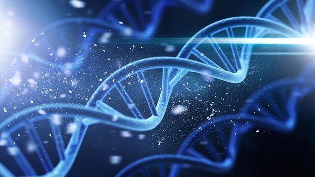 Spiral DNA double helix structure on blue background.