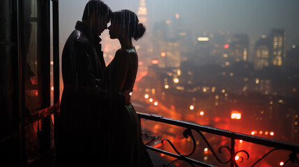 Romantic silhouette of a couple embracing in the rain, with city lights glowing in the background, creating a cinematic and intimate atmosphere.