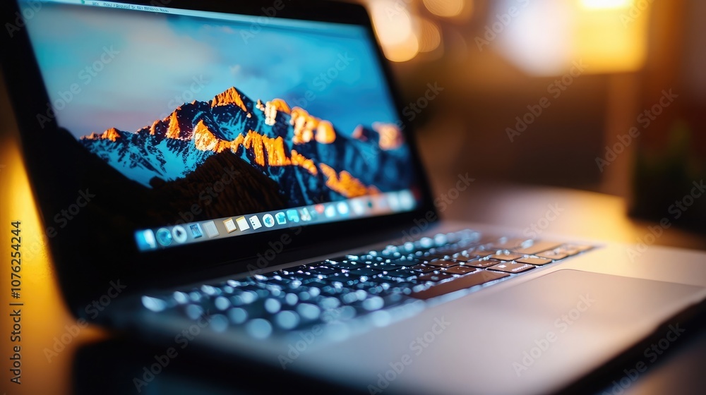 Poster a close-up of a laptop with a mountain range as the desktop background. the keyboard is slightly blu