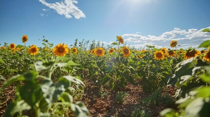 A field of sunflowers basks in the warm sunlight, their golden petals reaching towards the bright blue sky.