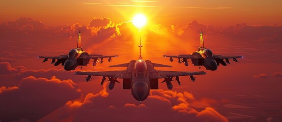 fighter jets flying in the sky at sunset