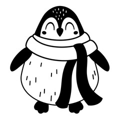 Black and white winter penguin clipart. Cute festive character. Hand draw vector illustration in flat style