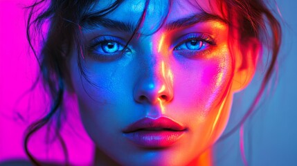 A colorful neon light portrait of a woman, with vibrant neon hues casting a glow on her face, creating a bold and modern aesthetic