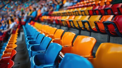 Obraz premium Colorful Soccer Stadium Seats Ready for the Excitement of Fans and Playful Spirits to Unite