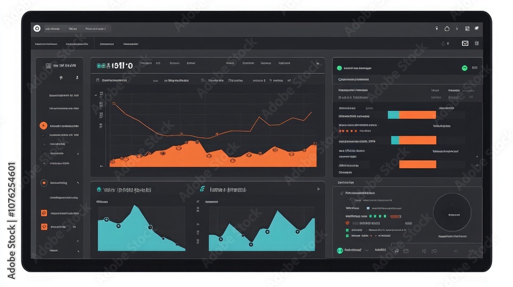 Poster a computer screen displays a dashboard with graphs and charts in a dark mode interface, showcasing d