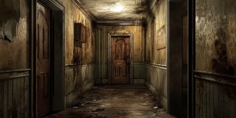 Obraz premium Dimly Lit Haunted Corridor with Peeling Walls, Water Damage, and Creepy Atmosphere, Ideal for Horror Thrillers and Ghost Stories Set in Abandoned Buildings