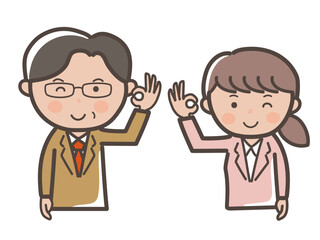 ウインクをしてOKするスーツ姿の男女ビジネスマンの上半身イラスト_上司と部下セット
