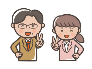 笑顔でピースをするスーツ姿の男女ビジネスマンの上半身イラスト_上司と部下セット