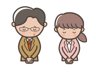 頭を下げてお詫びするスーツ姿の男女ビジネスマンの上半身イラスト_上司と部下セット