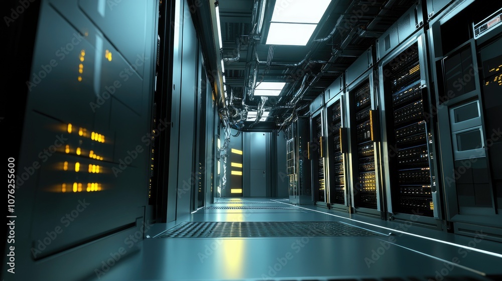 Poster modern data center corridor with advanced server racks, bright led lights, and high-tech equipment f