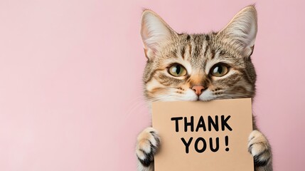 A cute cat holding a thank you sign.