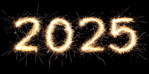 Sparkling Numbers of 2025: Bright Fireworks Creating a Festive Atmosphere to Celebrate the New Year with Joy and Optimism in a Black Background