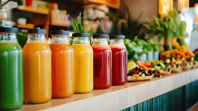A row of juice bottles on a counter
