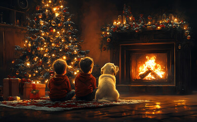 Boys sitting with dog near fireplace in living room, waiting for Santa, Christmas eve
