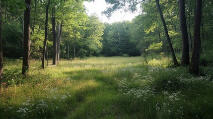Fototapeta premium Sunlit Meadow Pathway Through Green Forest