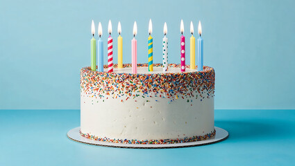 Large sprinkle cake featuring a row of ten colorful candles lit.
