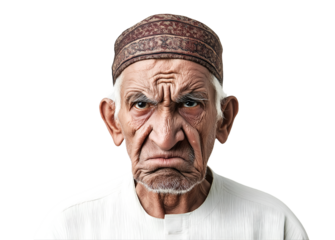 Angry elderly man with traditional cap, cultural attire, and intense expression, isolated on transparent background, PNG