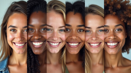 Obraz premium Collage of Smiling Multicultural Faces, Young Diverse People Looking at Camera in Mosaic Headshot Collection. 