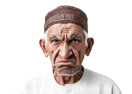 Angry elderly man with traditional cap, cultural attire, and intense expression, isolated on transparent background, PNG